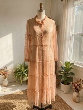 Vintage 90s Y2K Spoon Jeans Peach Sheer Mesh Tiered Maxi Dress 2x 3x